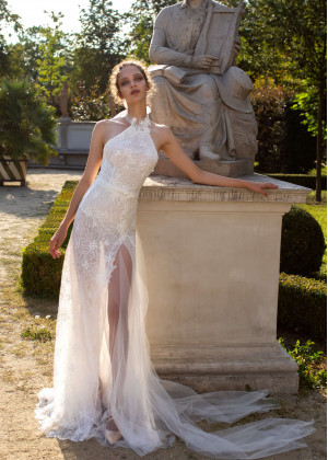 Halter Beaded Ivory Lace Tulle Slit Wedding Dress